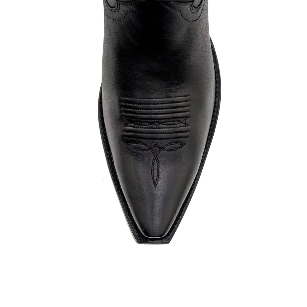 Black Snip Toe Chunky Heel Cut Out Embroidered Cowboy Boots for Women