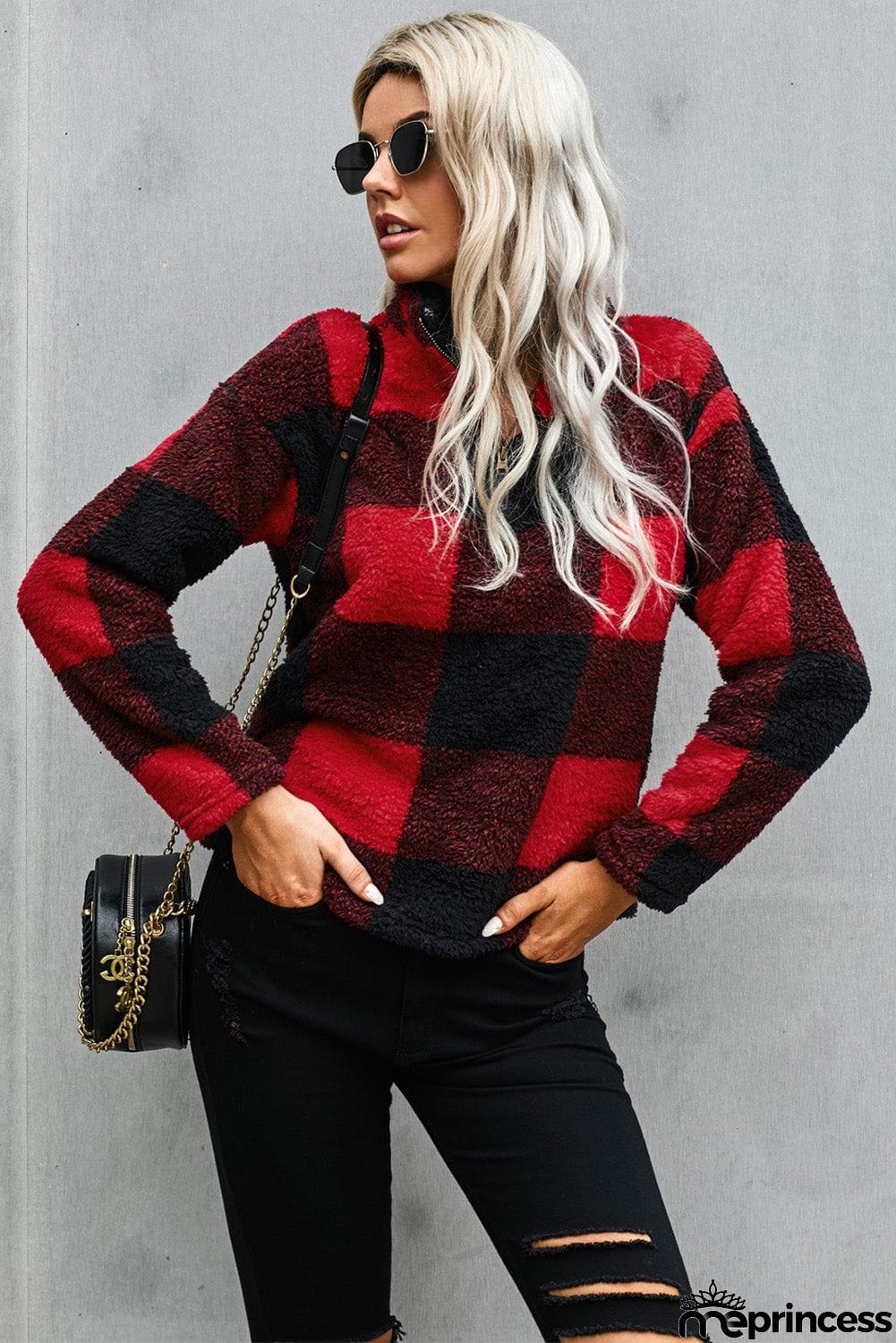 Women's Winter Red Plaid Zip Collar Plush Pullover Sweatshirt