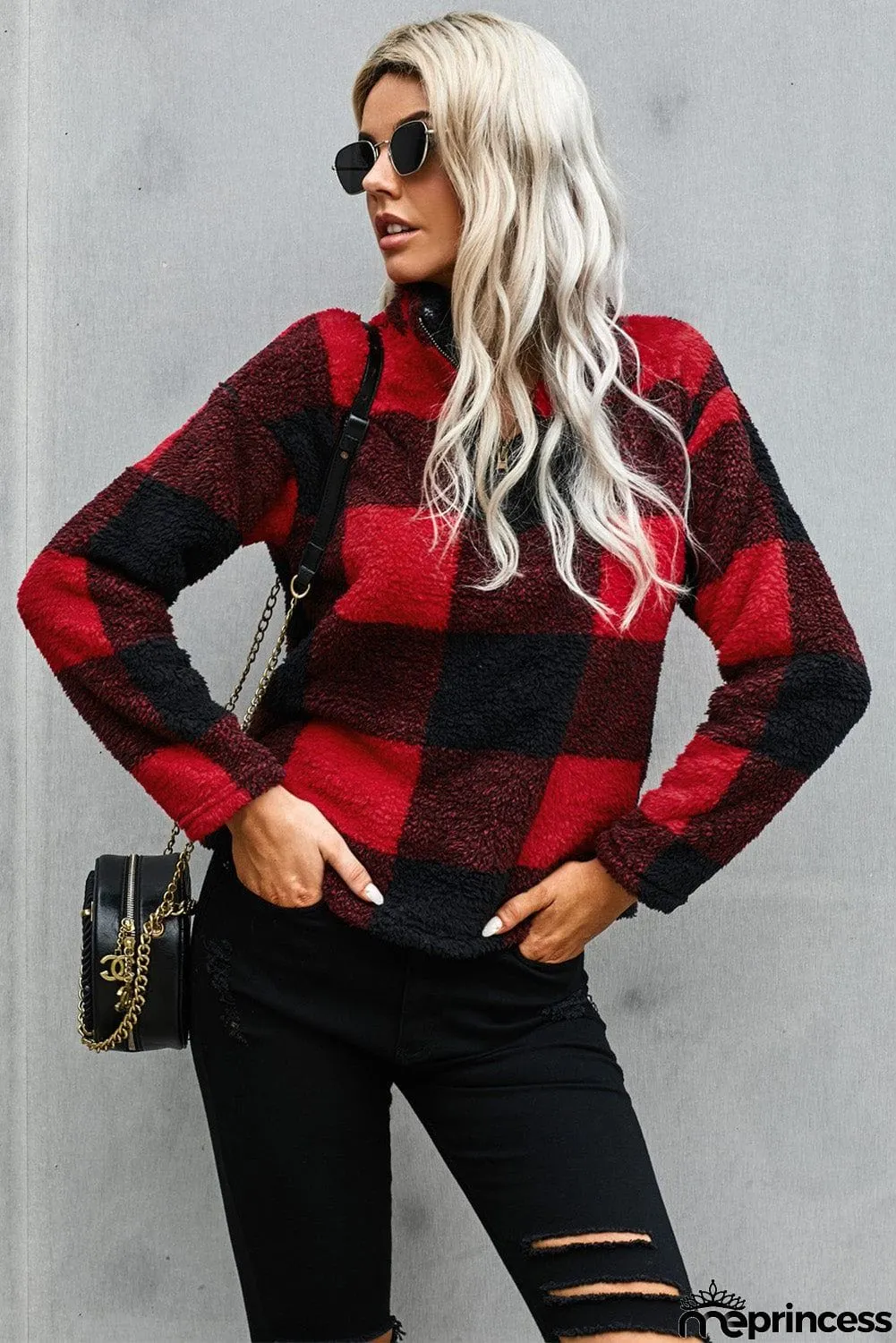 Women's Winter Red Plaid Zip Collar Plush Pullover Sweatshirt