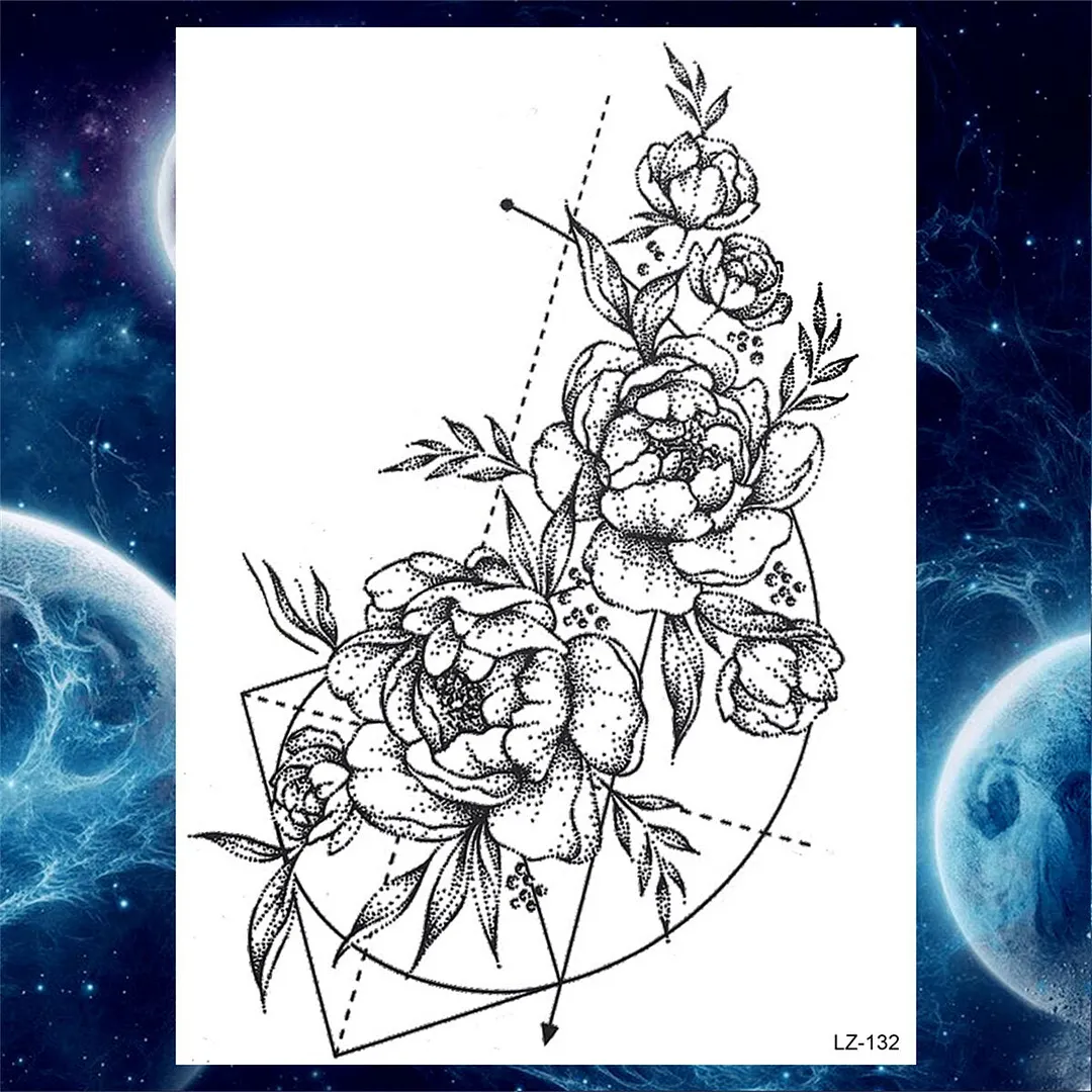 Black Rose Flower Temporary Tattoos For Women Girls Floral Peony Tattoo Sticker Dahlia Fake Anemone 3D Arm Tatoos Self Adhesive