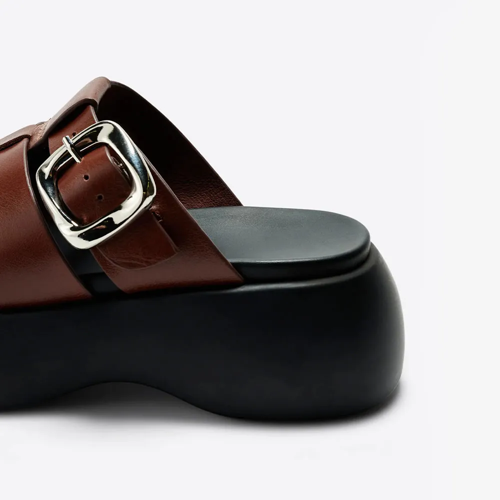 Brown Faux Leather Round Toe Platform Mules Sandals with Buckle 