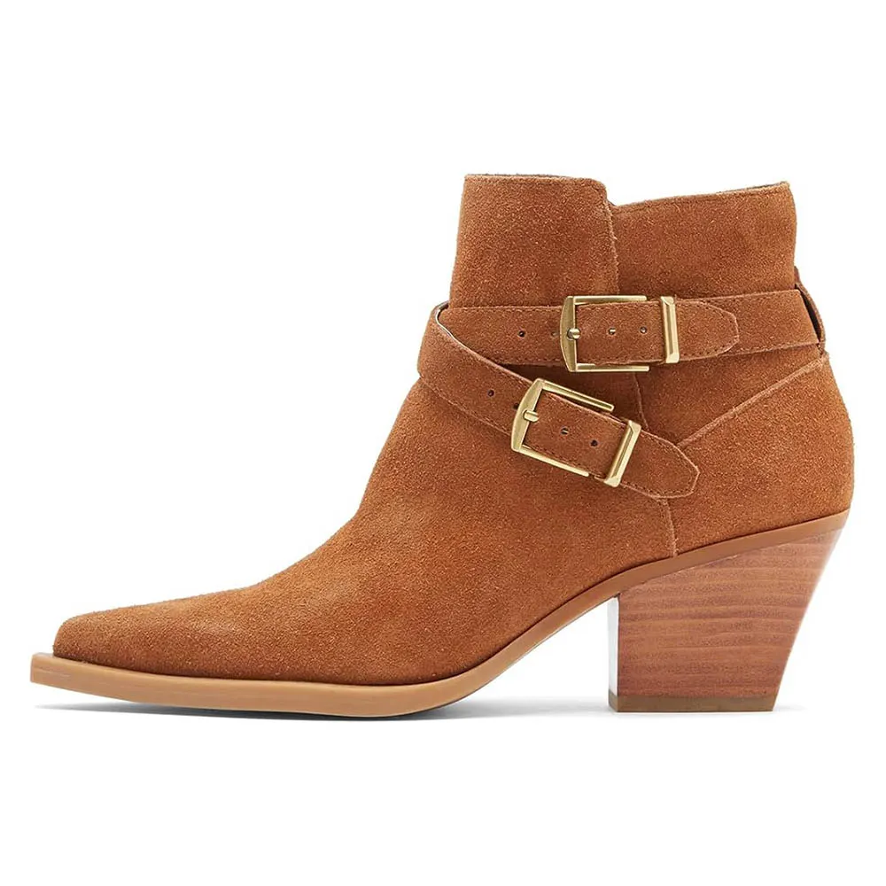 Tan Vegan Suede Pointed Toe Buckle Strap Stacked Heel Ankle Boots