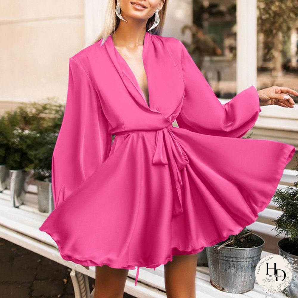 Women Silk Swing Mini Dress Lantern Long Sleeve V Neck Solid Color Party Casual Fashion Wrap Dress Plus Size
