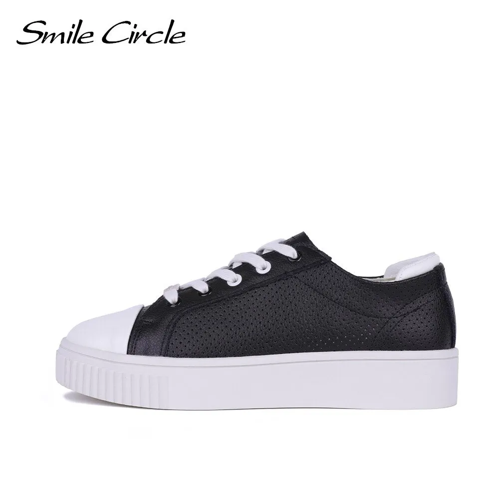 Smile Circle Summer Sneakers Women Flat Platform Shoes Genuine Leather Breathable Round toe soft insole Casual Ladies Shoes