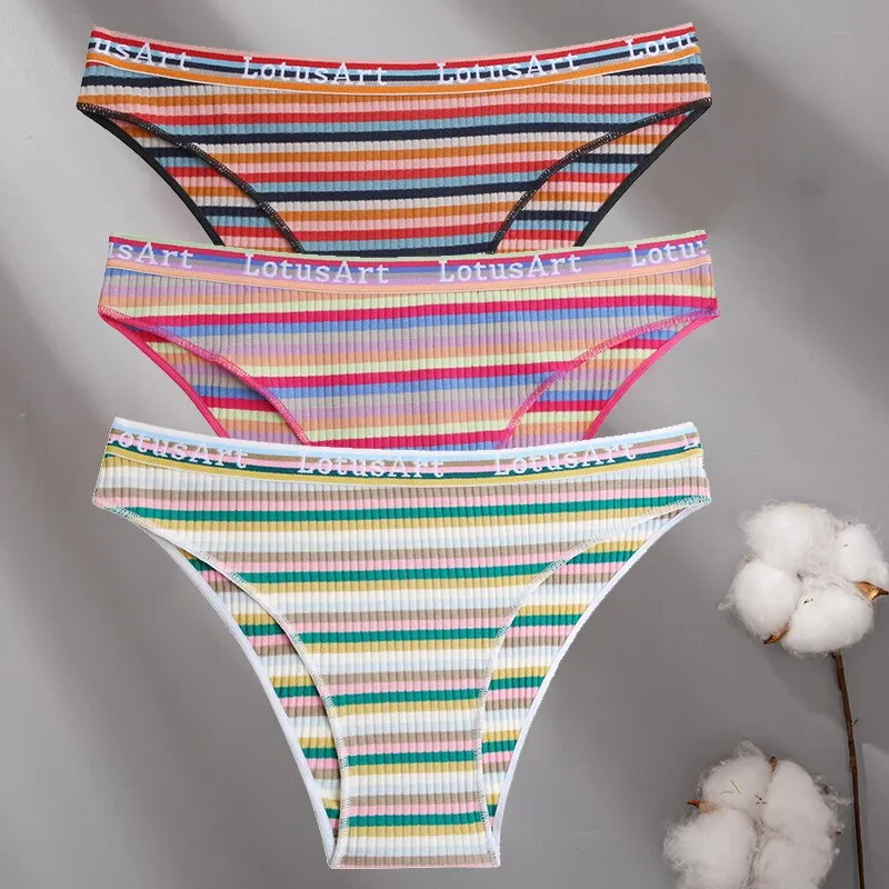 Billionm Women Cotton Colorful Stripe Panties Sexy Intimate Underwear Female Soft Solid Briefs Low Waist Underpant Soft Lingerie