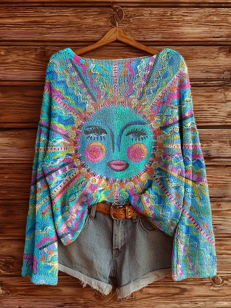 Women's Hippie Sunfloral Art Print Casual Pullover Sweater
