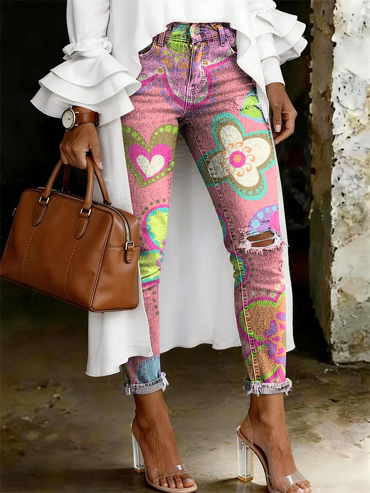 Women's Fashion Casual Multicolor Flowers Art Print Ripped Skinny Jeans