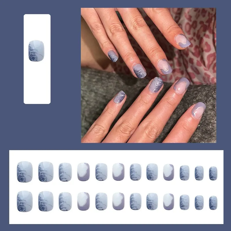 24pcs/box Blue Dye With Sequins Decorated press on nail tips Frosted Square Head Short Wearable Full Cover fake nails with glue-Nail Inspo