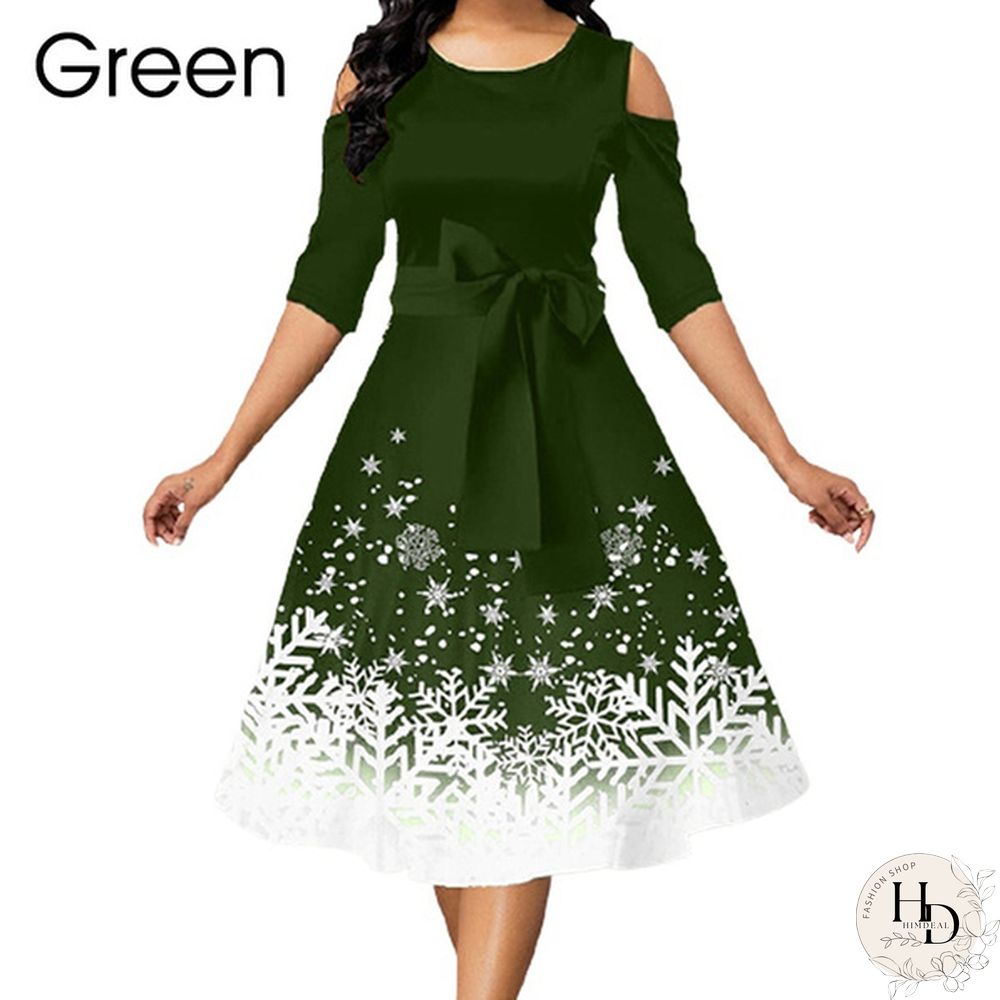 New Arrival Women Belted Snowflake Print Cold Shoulder Round Neck Elegant Dress Plus Size Fashion Christmas Party Dress S-5Xl
