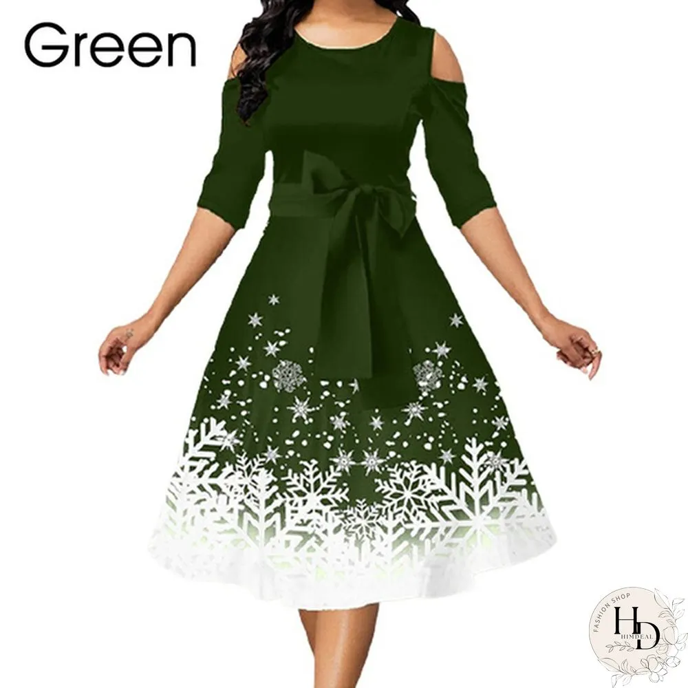New Arrival Women Belted Snowflake Print Cold Shoulder Round Neck Elegant Dress Plus Size Fashion Christmas Party Dress S-5Xl