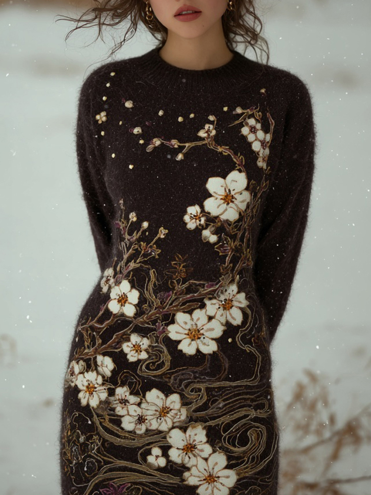 Vintage Japanese Cherry Blossom Art Cozy Knit Sweater Dress