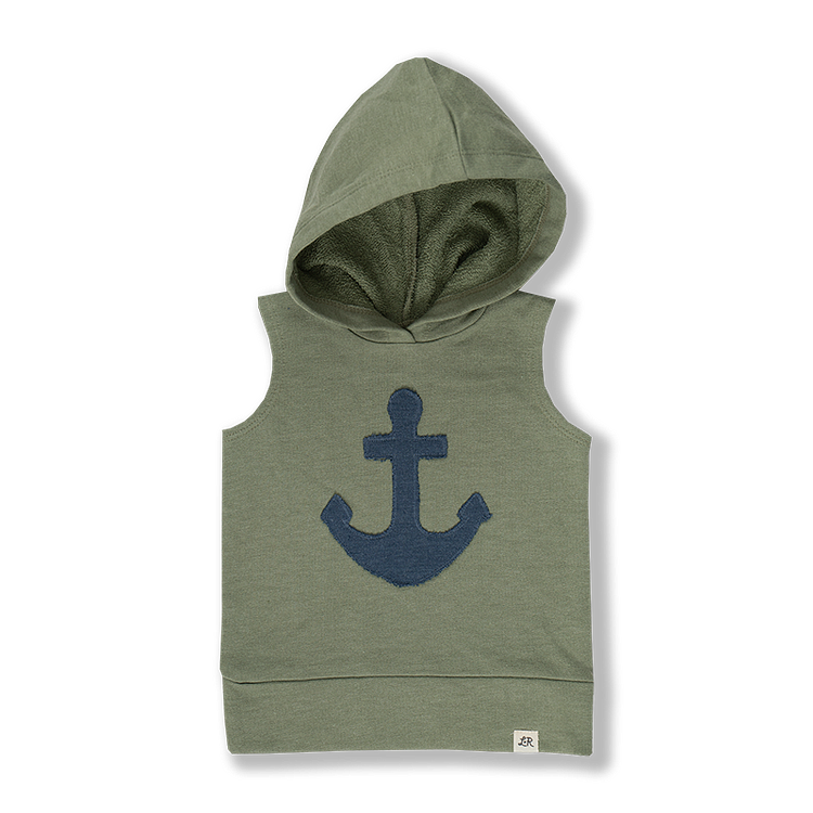Sea Green Anchor Patch Sleeveless Hoodie