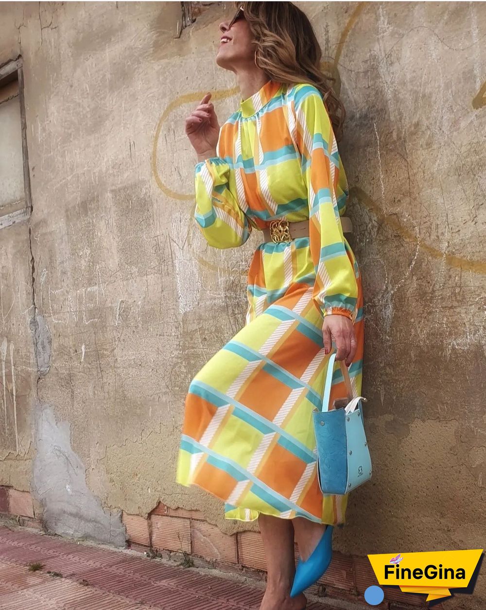 Sleeve Print Waist A-shaped Dress Plus Size Ladies Dress