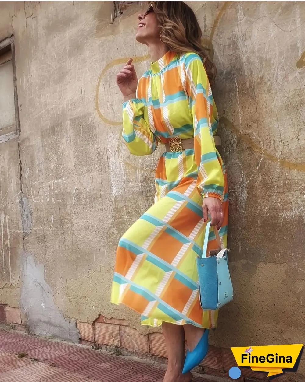 Sleeve Print Waist A-shaped Dress Plus Size Ladies Dress