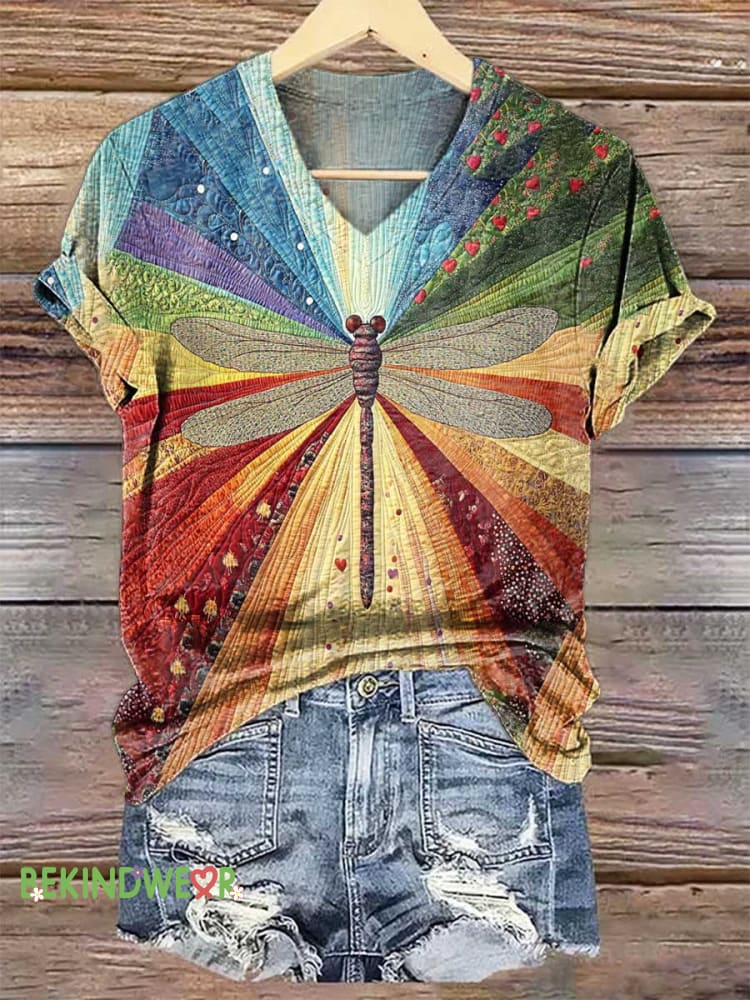 Women&rsquo;s Colorful Dragonfly V-neck Casual T-Shirt Multicolor / S