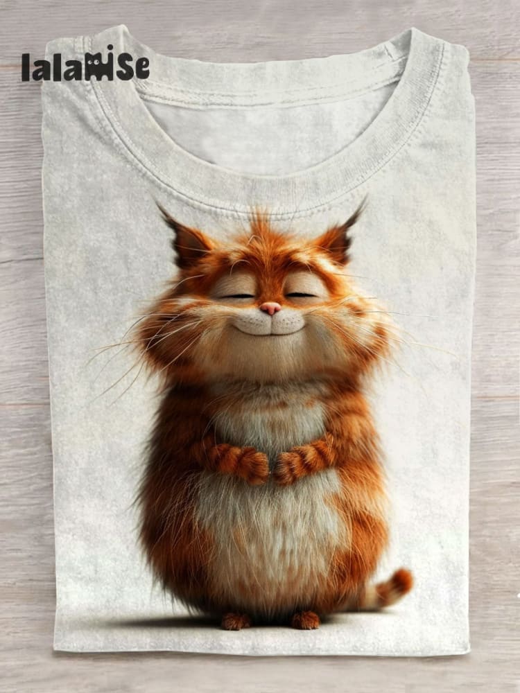 Cute Fluffy Cat Art Print Short Sleeve Casual T - Shirt Multicolor / S
