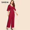 SHEIN Vintage Burgundy Sweetheart Neck Double Breasted Flounce Sleeve Jumpsuit Women Workwear Office Lady Wide Leg Jumpsuits