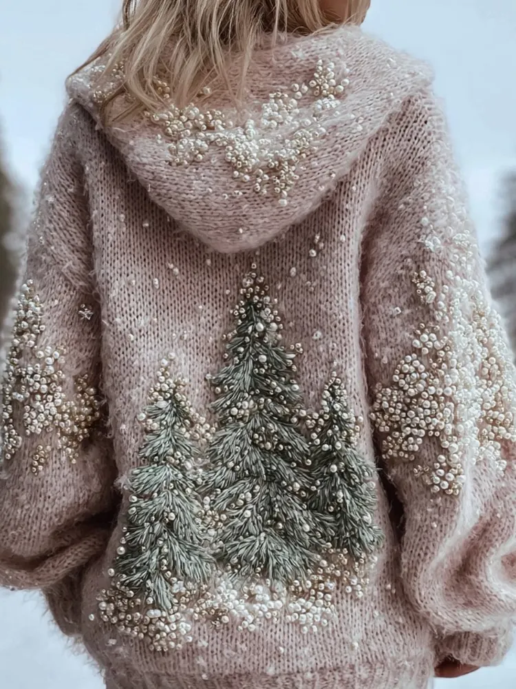 Vintage Pine Trees Embroidered Cozy Hooded Sweater
