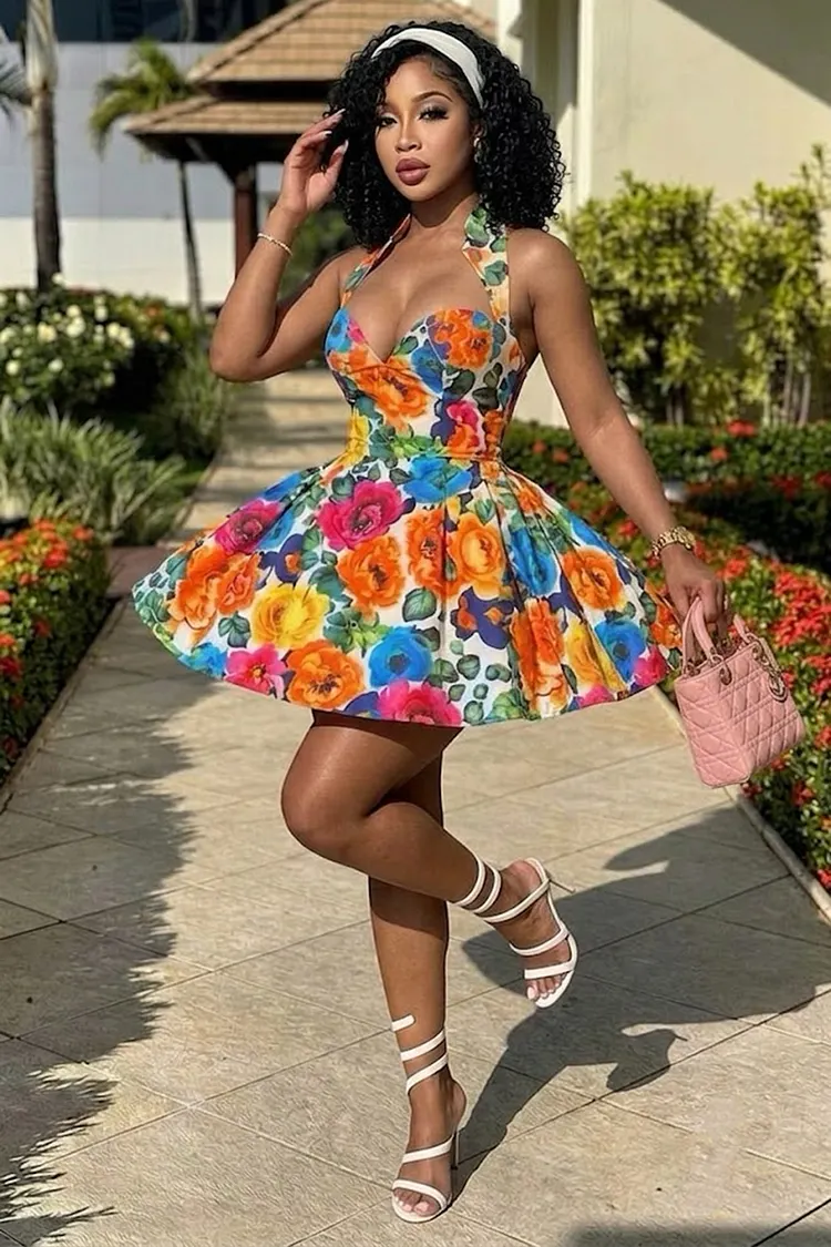 Halter Backless Floral A-Line Vacation Mini Dresses-Multicolor [Pre Order]
