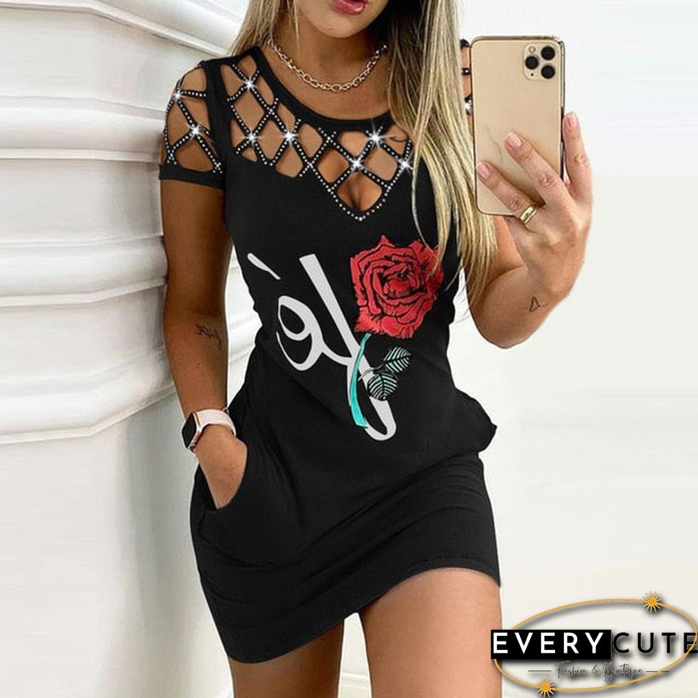 Elegant Rose Print Pocket Mini Dress Women Summer Casual O-Neck Short Sleeve Party Dress Lady Sexy Hollow Out Dress Vestido