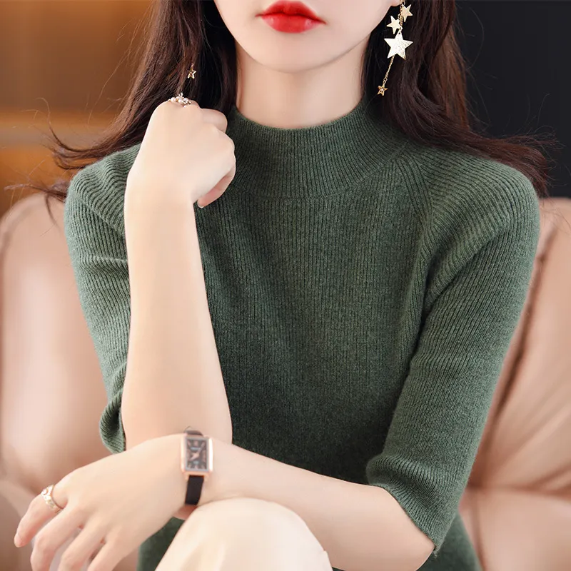 Churchf Churchf Summer Slim Head Five Minute Sleeve Bottom Top New Half High Collar Solid Color Simple Medium Sleeve Sweater Women