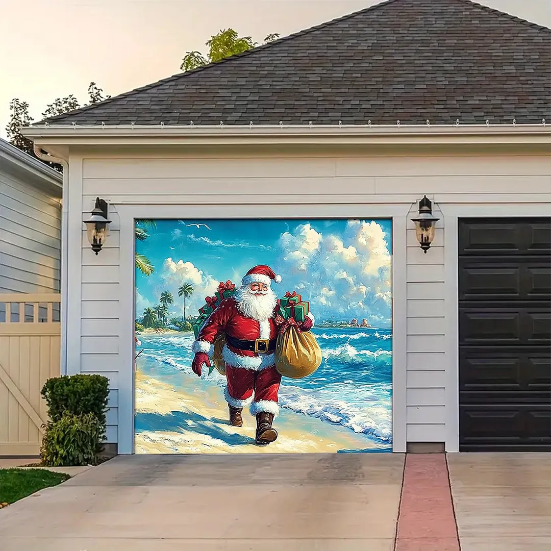Garage Door Banner Decoration - Tropical Christmas Santa&rsquo;s Beachside Holiday with Snowmen