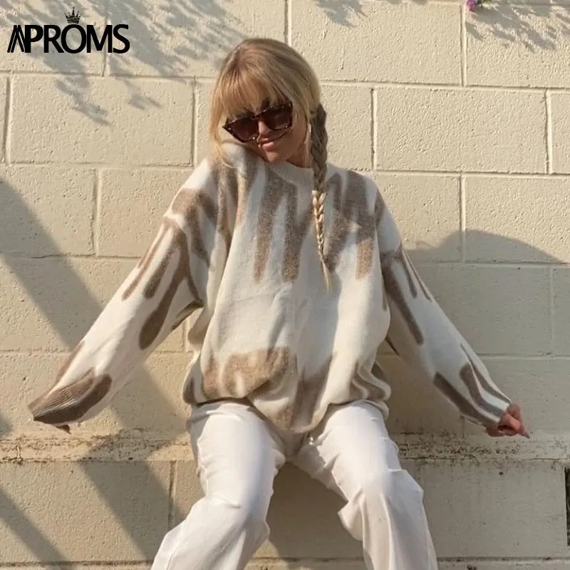 Aproms Korean Fashion Khaki Stripes Print Loose Sweaters Women Winter Hip-Pop Oversized Long Pullovers Streetwear Outerwear 2021