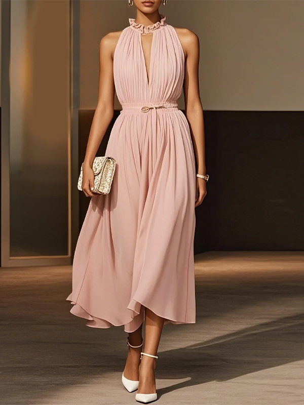 Halter Neck Chiffon Solid Color Midi Dress