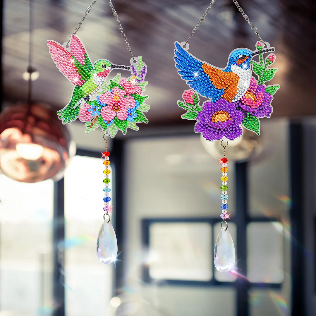 2Pcs Hummingbird Carrying Flowers DIY Double-Sided Diamond Painting Hanging Kits Diamond Painting Suncatcher Craft Kit for Home Garden Wall Decor Gift
