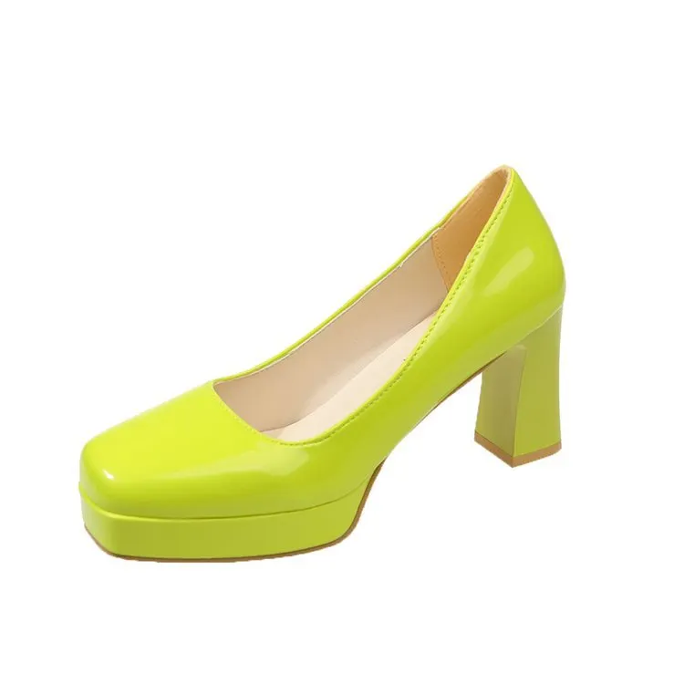 Churchf Churchf Size Square Head High Heels Fashion Waterproof Platform Women's Fashion Cover Foot Bright Skin Thick Heel Work Single Shoes