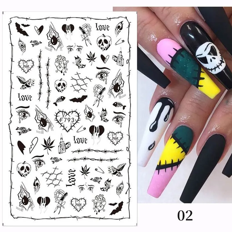 1pcs Halloween Pumpkin Skull Design 3D Nail Stickers Geometry Christmas Snowflake Winter Slider Nail Foils Manicures Decoration