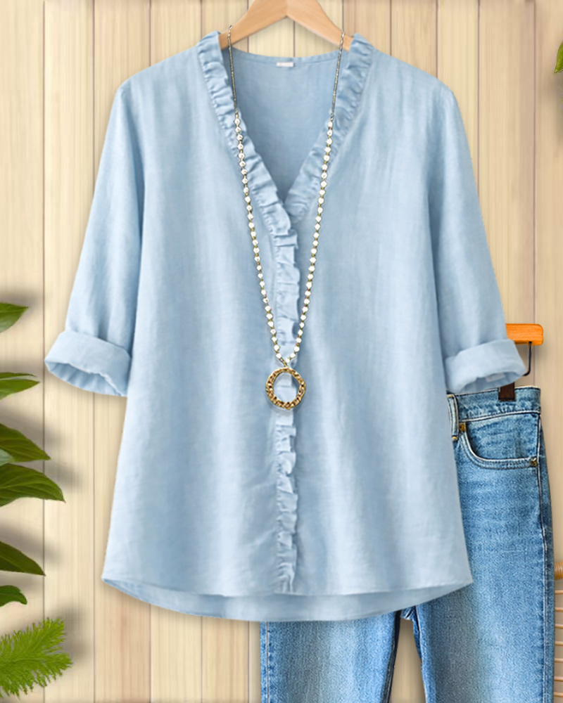 Sky Blue Ruffle Trim V-Neck Blouse