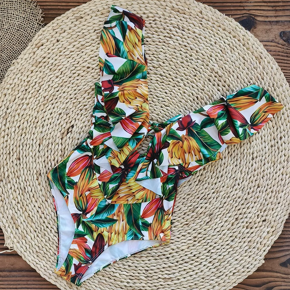 Churchf Printed Flowers Even Lotus Leaf Side Body Swimsuit Women 2025 New Swimsuit Bare Back