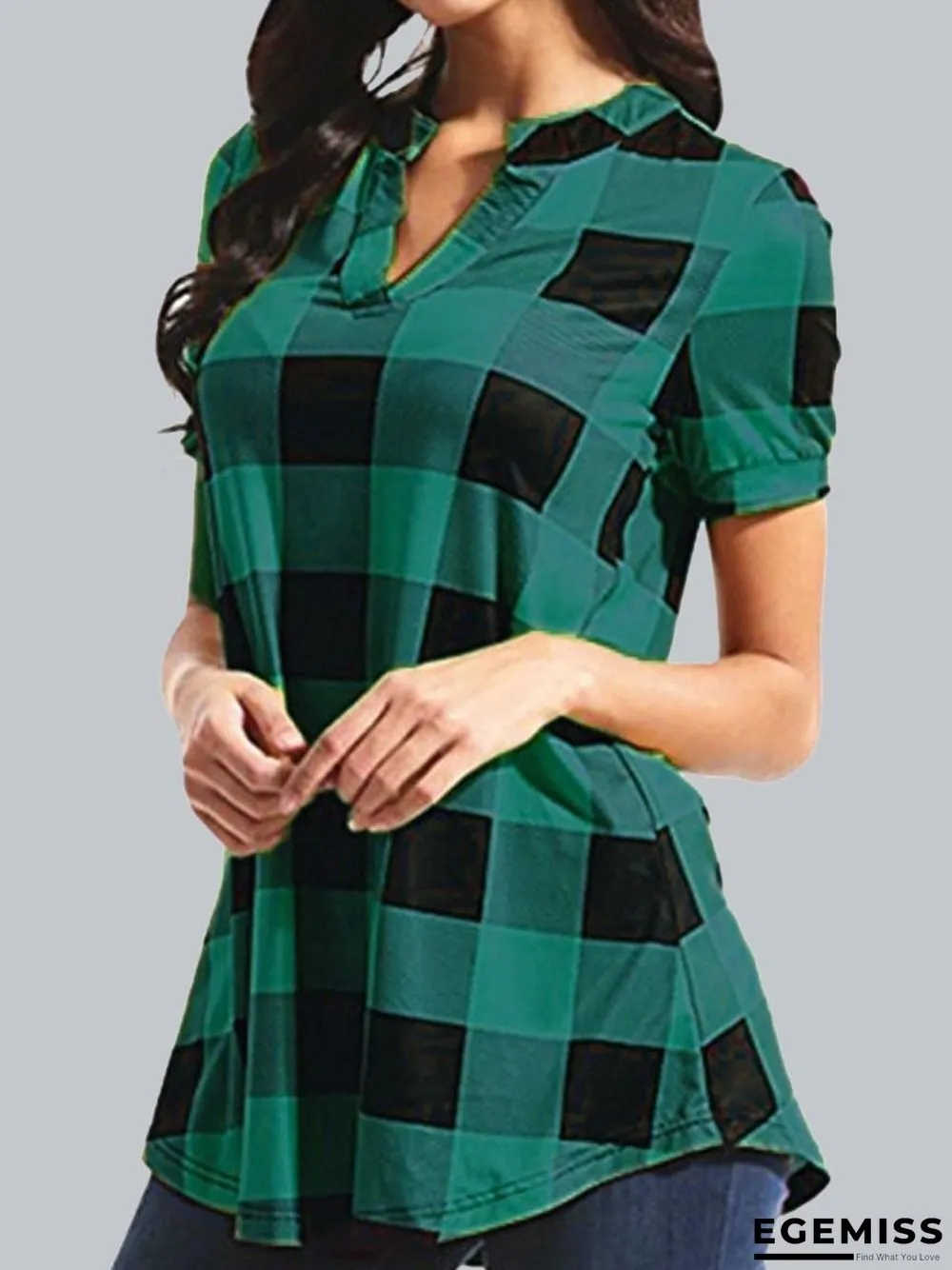 Casual Check Print V-Neck Short Sleeves Blouse | EGEMISS