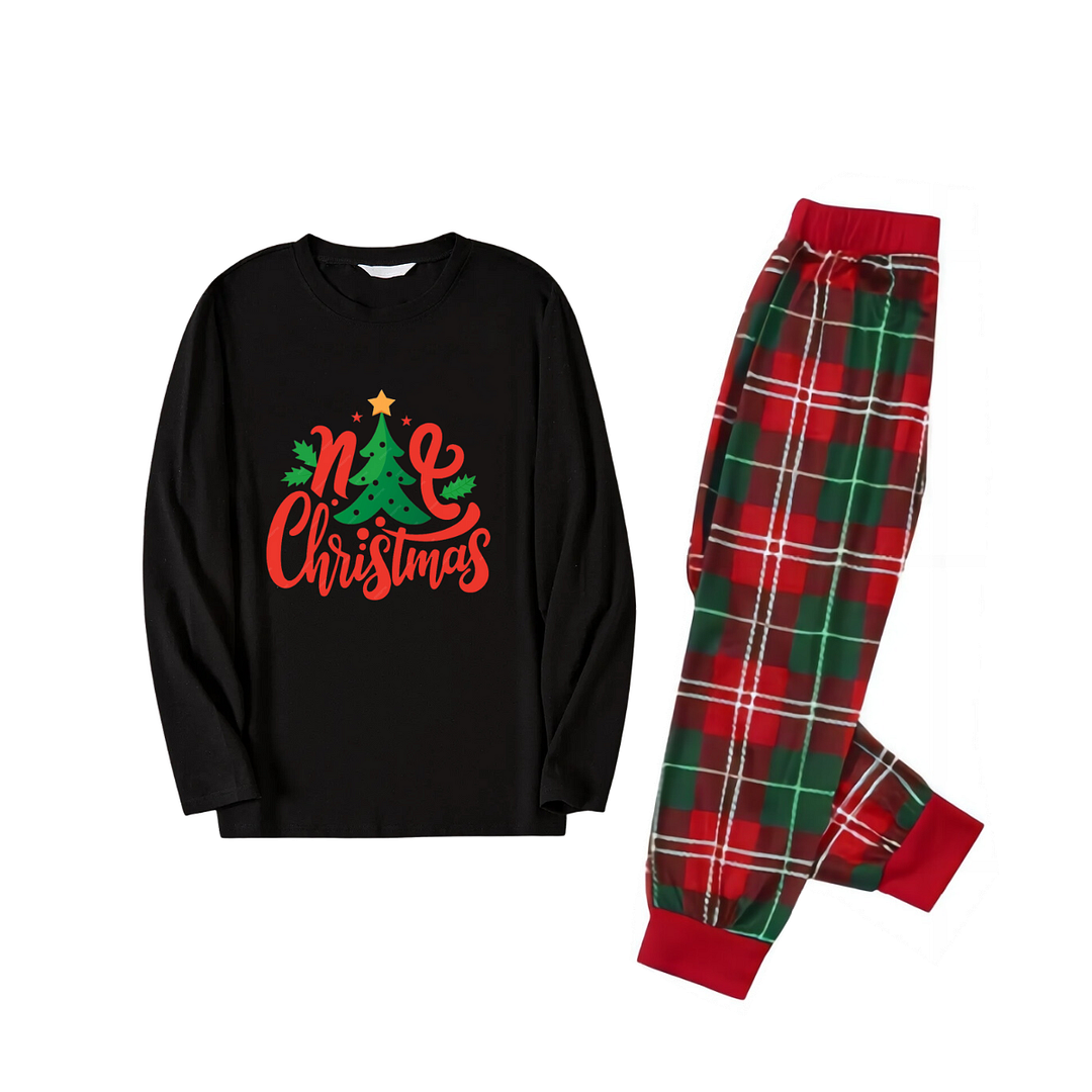 Christmas Tree with Stars and Colorful Pattern Black Top with Red & Green Plaid Pants Family Matching Pajamas