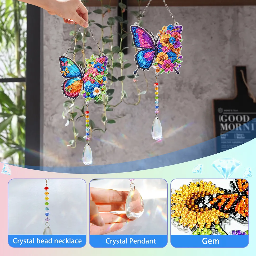 2Pcs Butterfly DIY Double-Sided Diamond Painting Hanging Kits Diamond Painting Suncatcher Craft Kit for Home Garden Wall Decor Gift