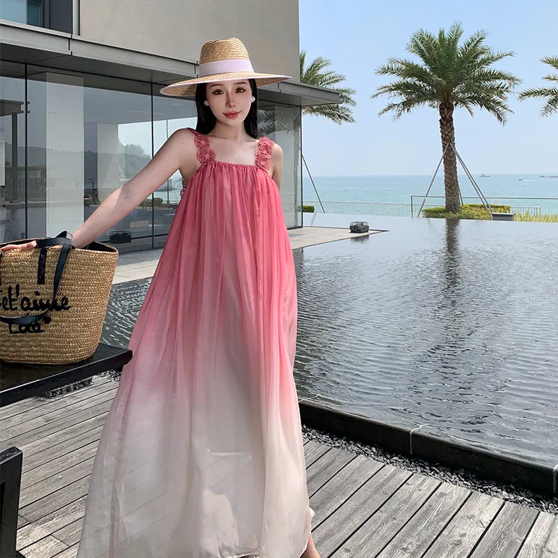 Churchf Churchf Dress Seaside Pink Sling Chiffon Dress Super Fairy Big Skirt