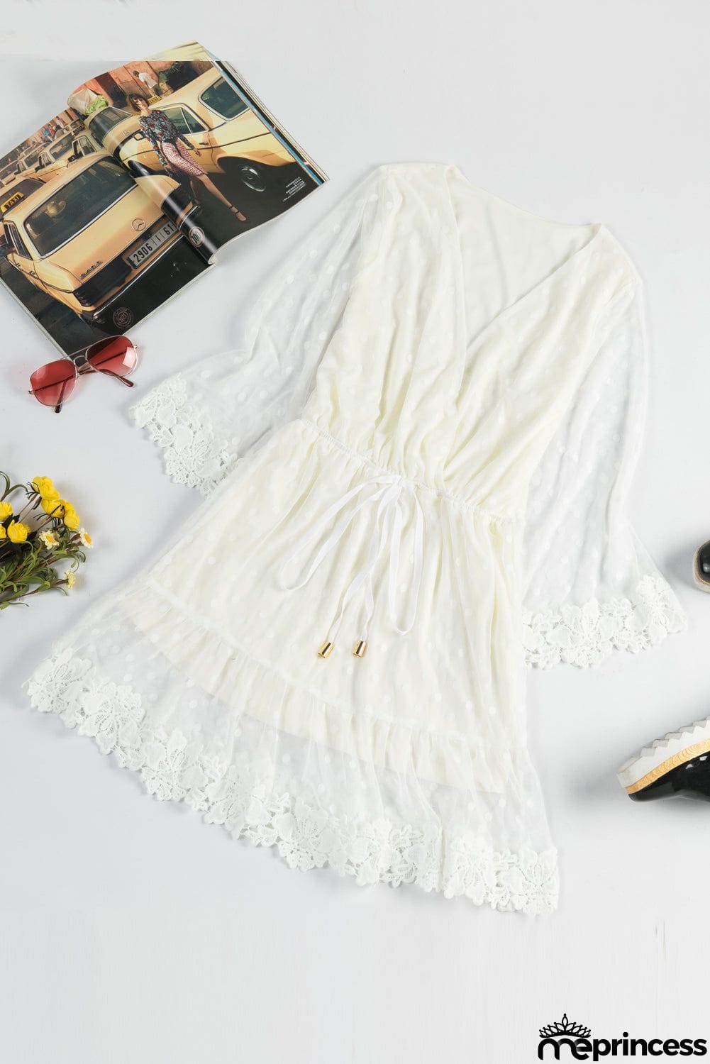 White Wrap V Neck Long Sleeve Polka Dot Mesh Lace Splicing Dress