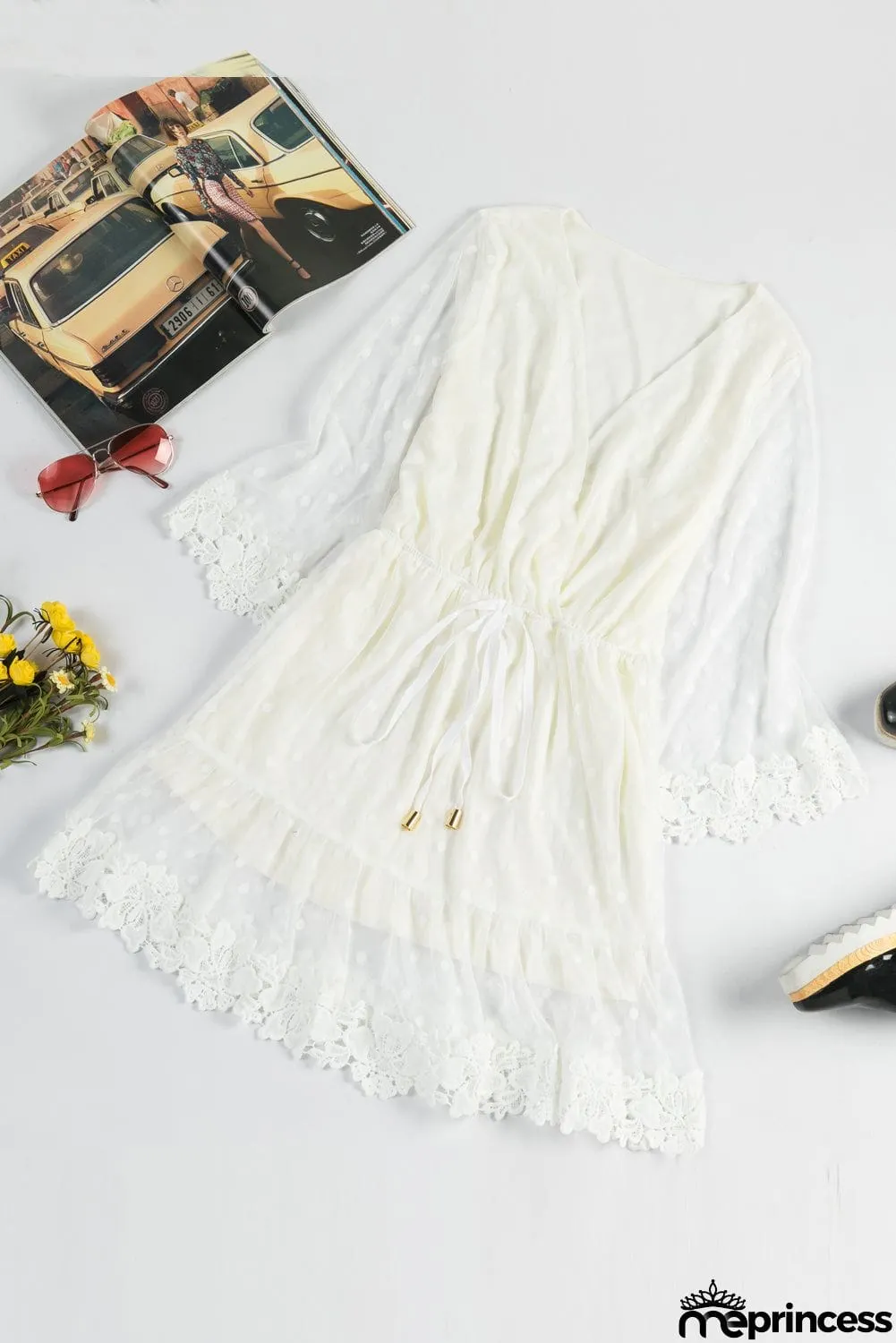 White Wrap V Neck Long Sleeve Polka Dot Mesh Lace Splicing Dress