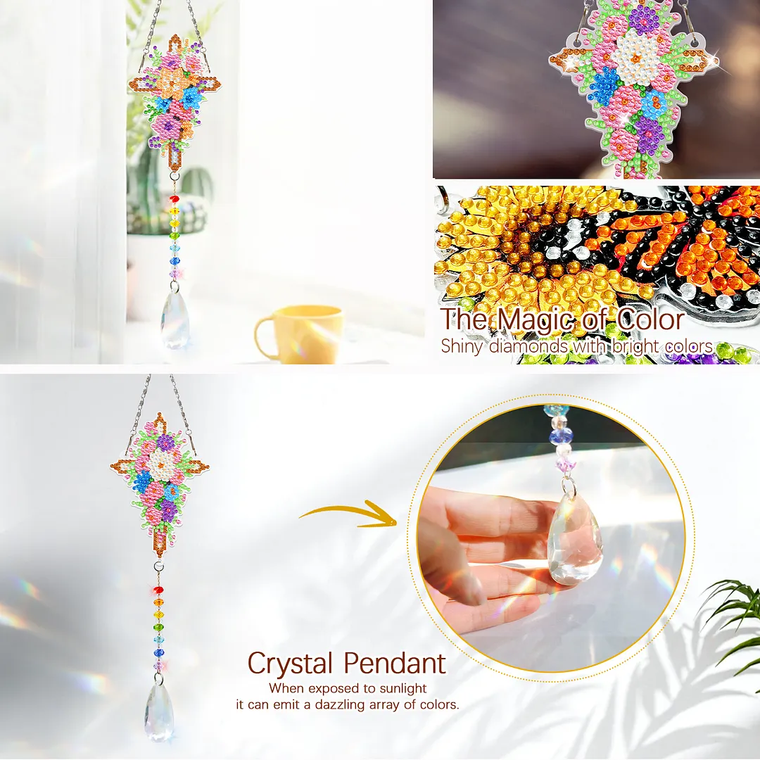 2Pcs Flower Cross DIY Acrylic Diamond Painting Art Wind Chimes with Crystal Pendant Diamond Art Hanging Pendant Double-Sided for Adults Beginners Gift Home Garden Decor