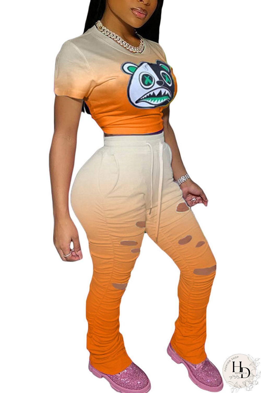 Orange Fashion Casual Patchwork Print Two Piece Suits Straight Short Sleeve Two Pieces