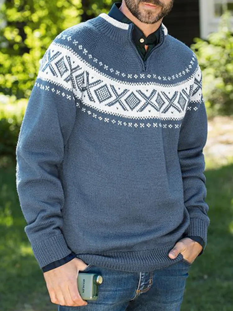 Vintage Warmth Chest Stripes Knit Jacquard Icelandic Half Zip Collar Sweater