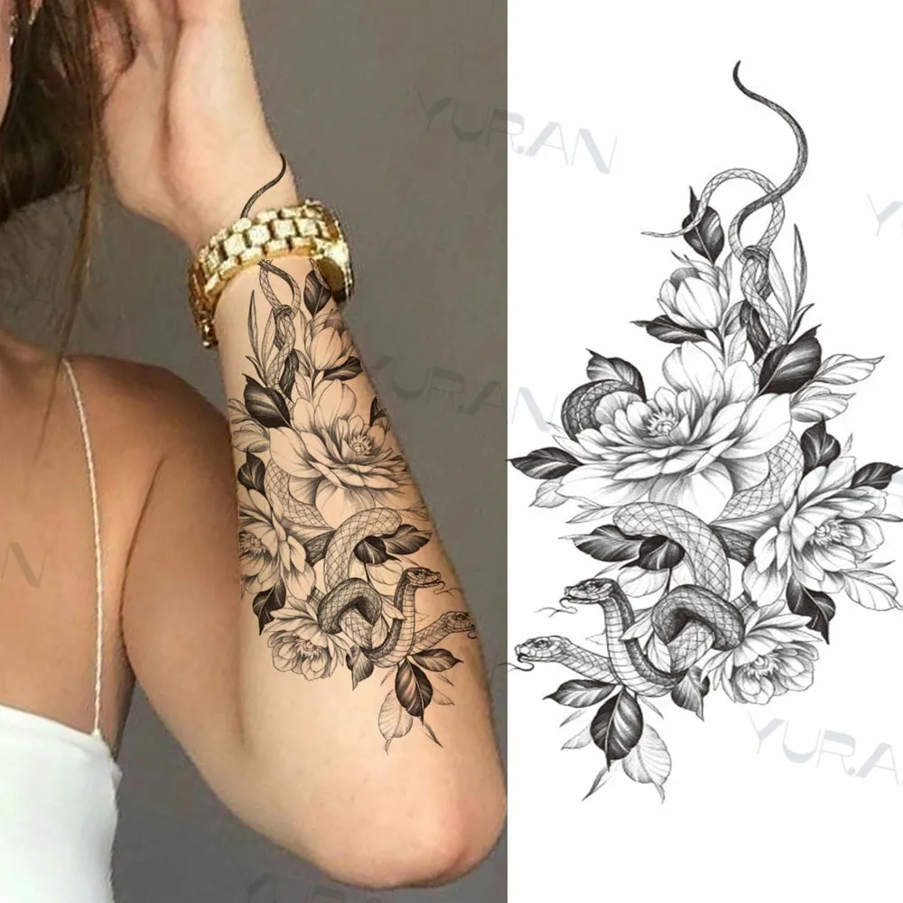 Black Large Snake Flower Fake Tattoo Sticker For Women Dot Rose Peony Temporary Tattoos DIY Water Transfer Tatoos Girls 530