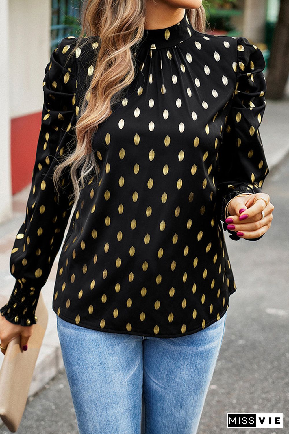 Elegant Polka Dot Fold Half A Turtleneck Tops