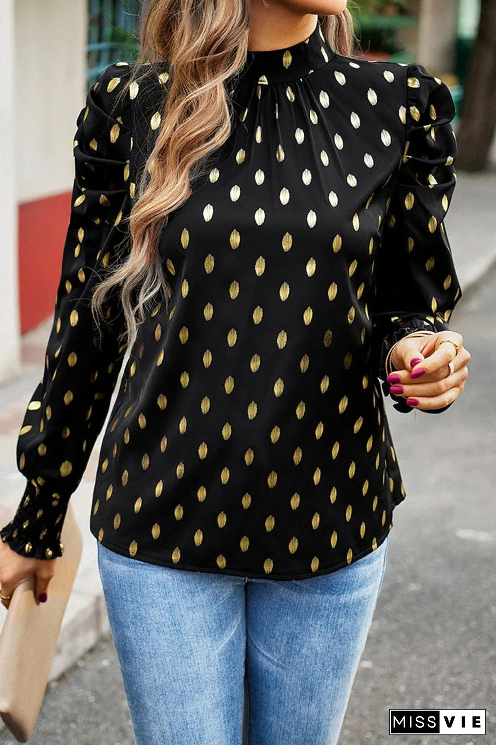 Elegant Polka Dot Fold Half A Turtleneck Tops