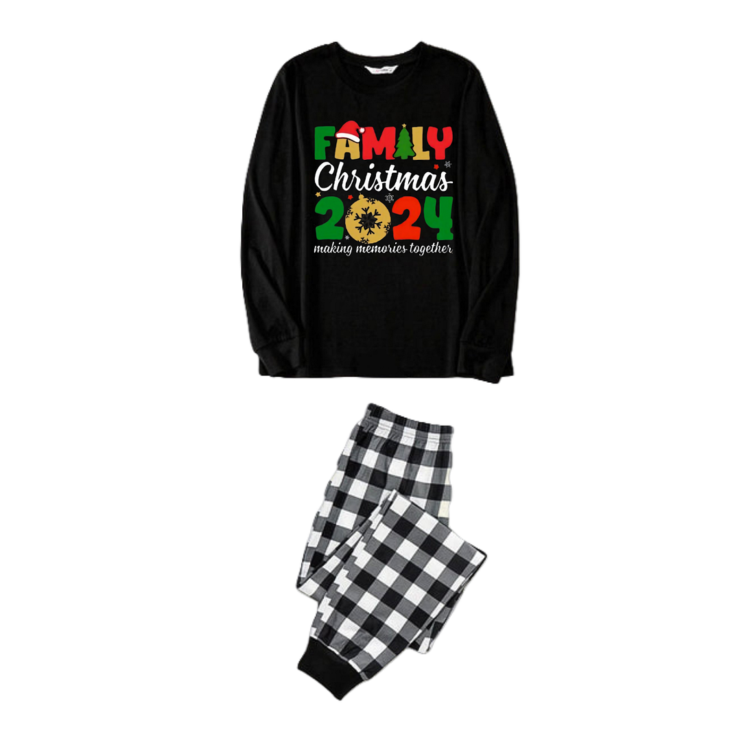 "Family Christmas 2024" Cute Text and Santa Hat Prints Black Long Sleeve Top with Black And White Plaid Pants Family Matching Pajamas