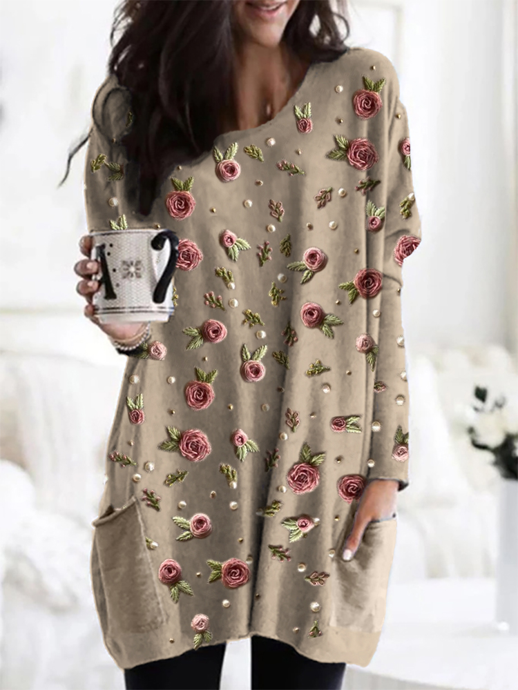Classy Roses Pearls Beaded Embroidered Cozy Tunic artswardrobe