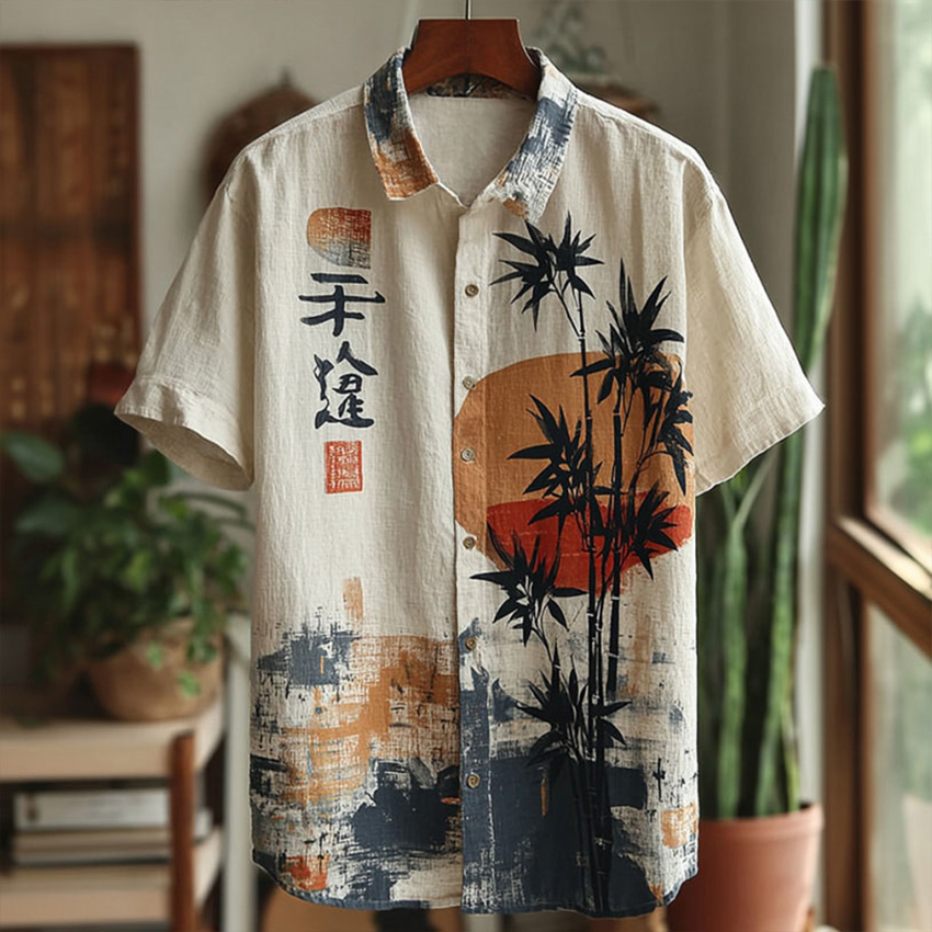 Men's Retro Tie-dye Bamboo Pattern Short-sleeve Shirt elevenforest