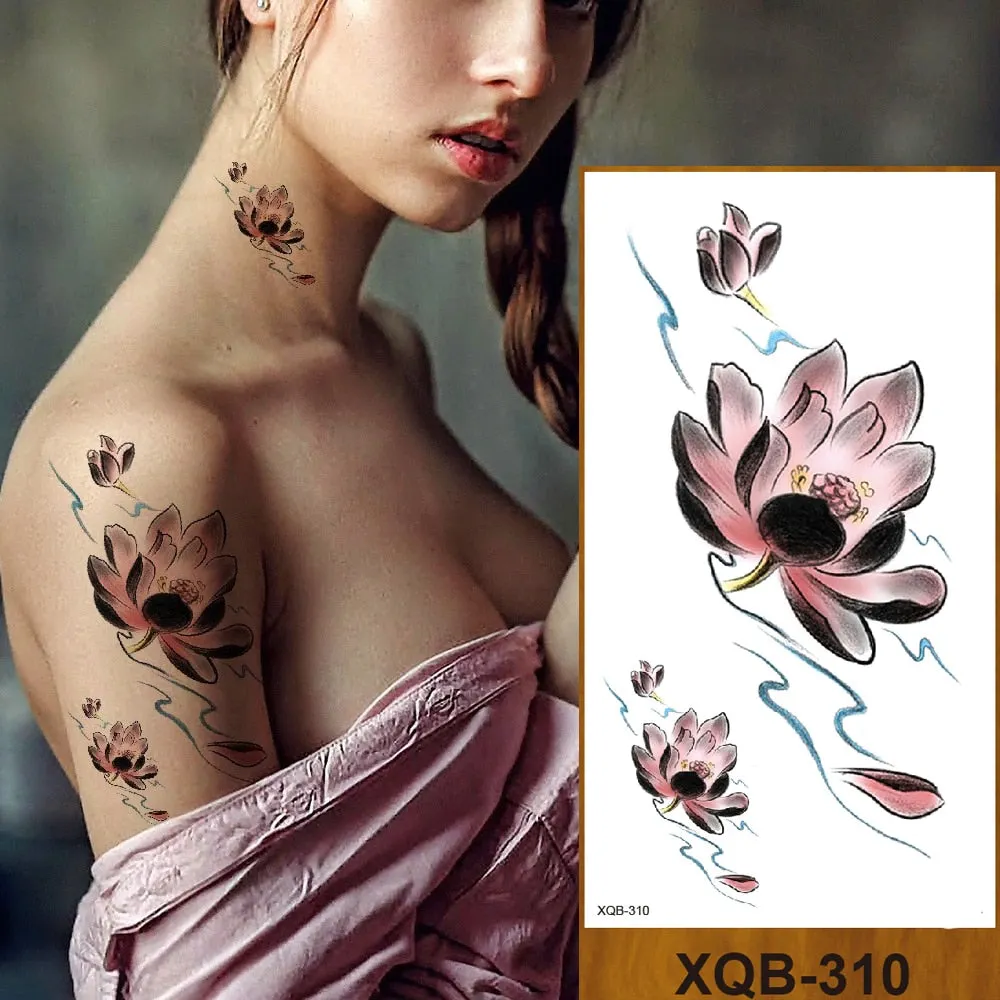 Temporary Tattoo Stickers Women Girl Arm Buttocks Chest Art Fake Tatoo Flowers Chain Body Makeup Waterproof Lily Chrysanthemum