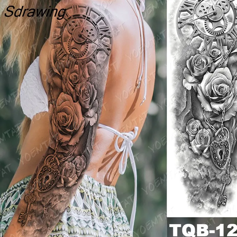 Sdrawing Arm Sleeve Tattoo Tiger Lion Wolf Owl Waterproof Temporary Tatto Sticker Crown Warrior Body Art Full Fake Tatoo Men Women